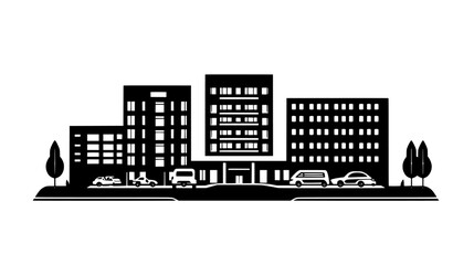 Healthcare complex with a main building, several annexes, and a spacious parking area, vector illustration art