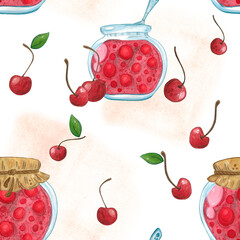 Seamless pattern of red jars of jam with cherries. Watercolor illustration, hand drawn in childish style. Drawing for printing on fabric, wrapping paper. Jam, jar, preservation, sweetness, sweet