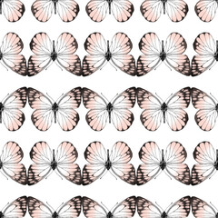 Seamless pattern of realistic pink butterfly. Hand drawn illustration. Painted  butterflies elements on white background. Animal motif. For fabric, textile, design, banner, wrapping paper.