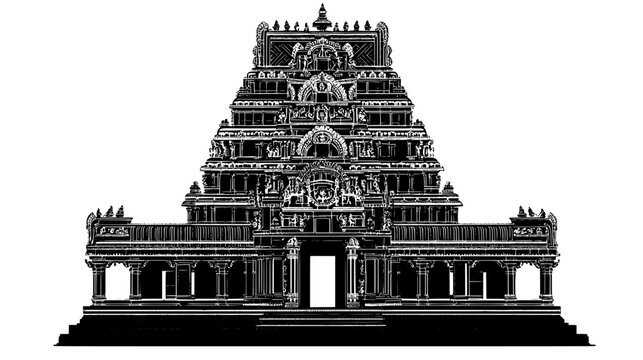 Hindu temple with a towering gopuram and intricately carved sculptures, vector illustration art