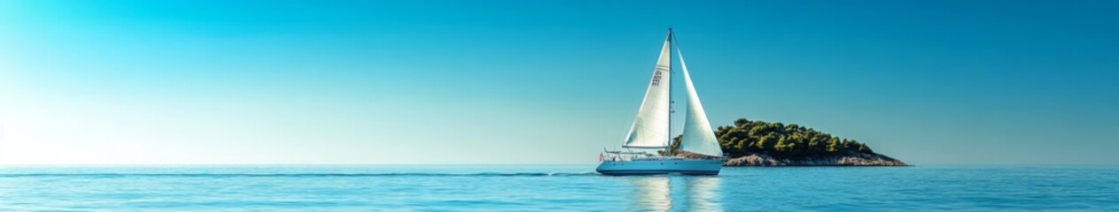 Sailing Serenity: A Majestic Sailing Yacht Glides Through the Azure Waters with an Island and Clear Blue Sky in the Background.