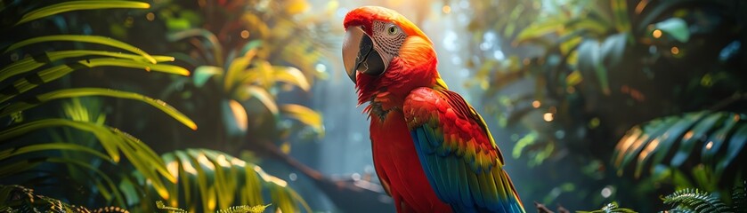 Obraz premium Parrot in pirate attire, lush jungle with a ship in the background