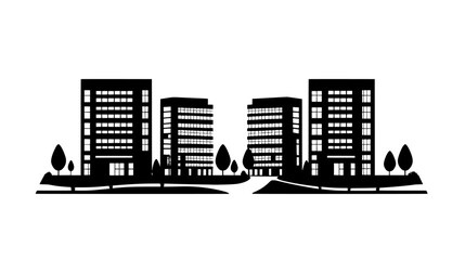 Modern business park with interconnected office buildings and landscaped areas, vector illustration art
