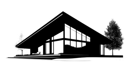 Modern structure with a sloping roof, wide glass panels, and an adjacent open courtyard, vector illustration art