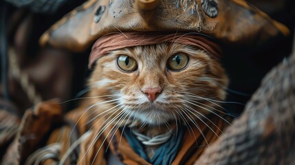 Seriouslooking cat dressed as a pirate with a blue background