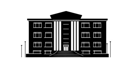 Multi-story building with large windows and an entrance flanked by columns and stairs, vector illustration art