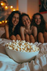 A bowl of popcorn sitting on top of a bed