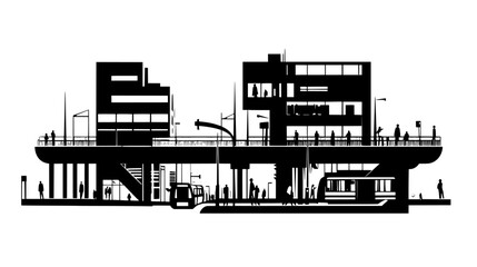 Network of pedestrian overpasses connecting buildings and crossing busy streets, vector illustration art
