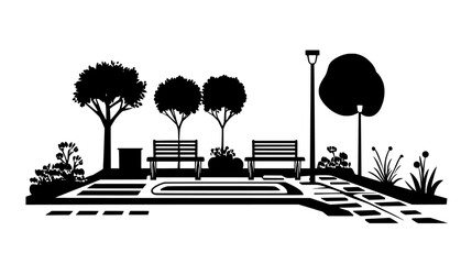 Public square featuring a water feature, seating areas, and shaded walkways, vector illustration art
