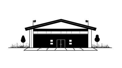 Rectangular gym building with high roof, wide doors, and adjacent playing courts, vector illustration art