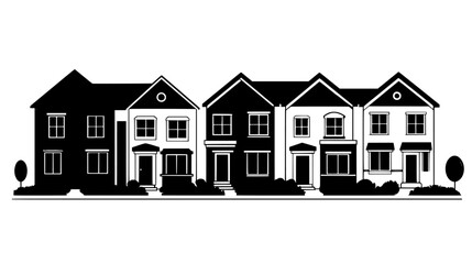 Row of townhouses featuring a similar facade, front gardens, and shared walls, vector illustration art