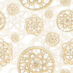 Seamless pattern of knitted lace doilies. Watercolor illustration, hand drawn in childish style. Drawing for printing on fabric, wrapping paper. house, homemade, napkin, knitting, lace, hobby, comfort