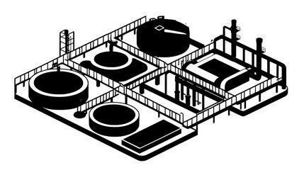 Water treatment tanks arranged in a grid with pipes and walkways, vector illustration art