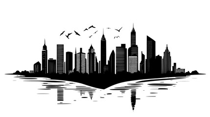 Naklejka premium Skyline featuring numerous high-rises, with a river flowing beside and open sky above, vector illustration art