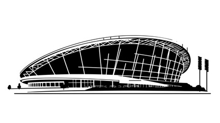 Sports stadium with elliptical shape, retractable roof, and exterior grid-like pattern, vector illustration art