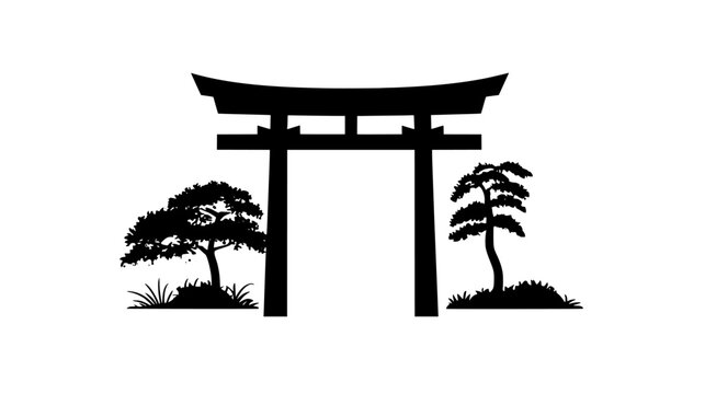 Shinto shrine with torii gate and thatched roof, vector illustration art