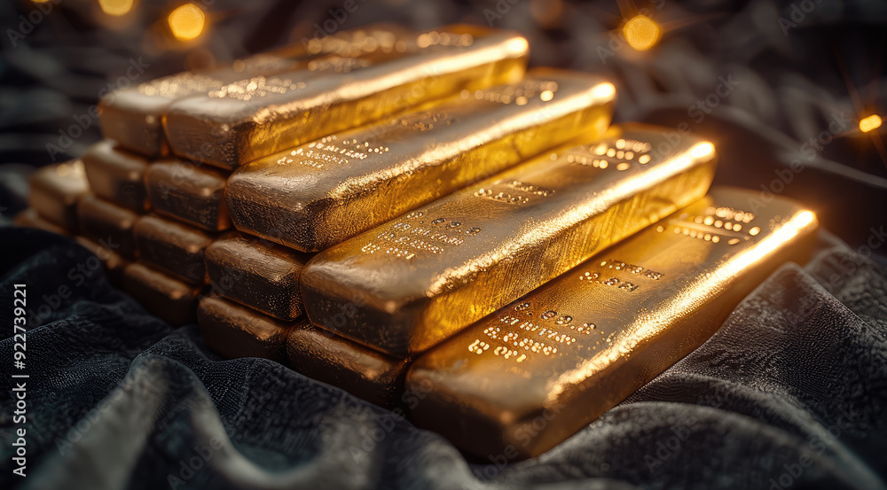 Aufkleber A set of gold bars of varying sizes displayed on a dark velvet background with spotlighting. Generative AI.