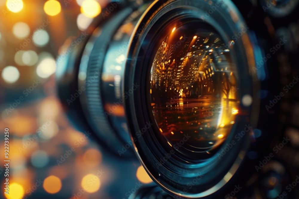 Poster close-up shot of a camera lens with lights shining in the background