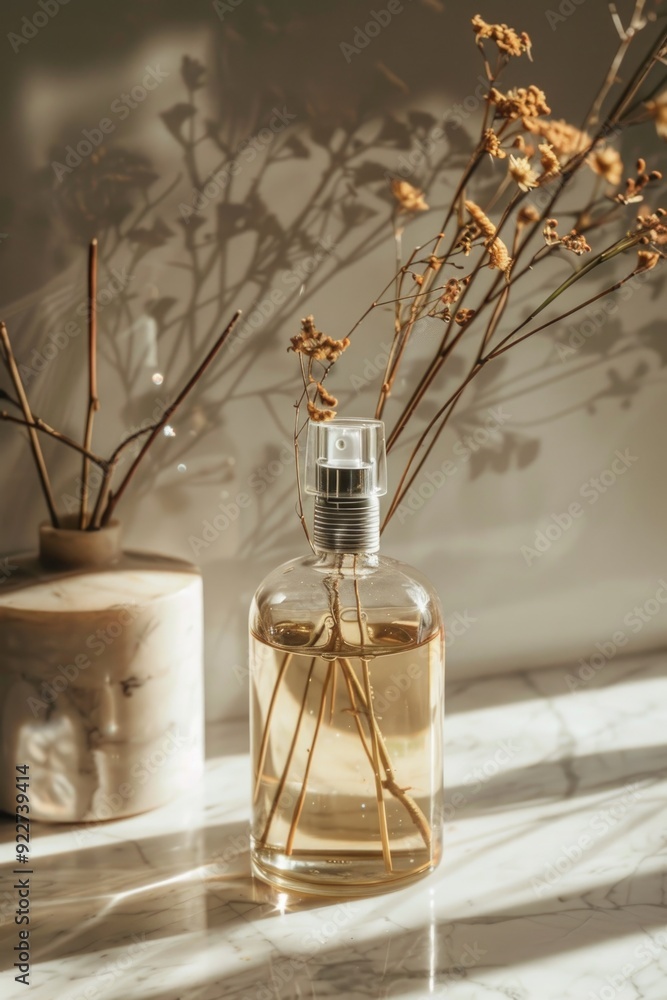 Poster a bottle of perfume sits on top of a counter, ready for use