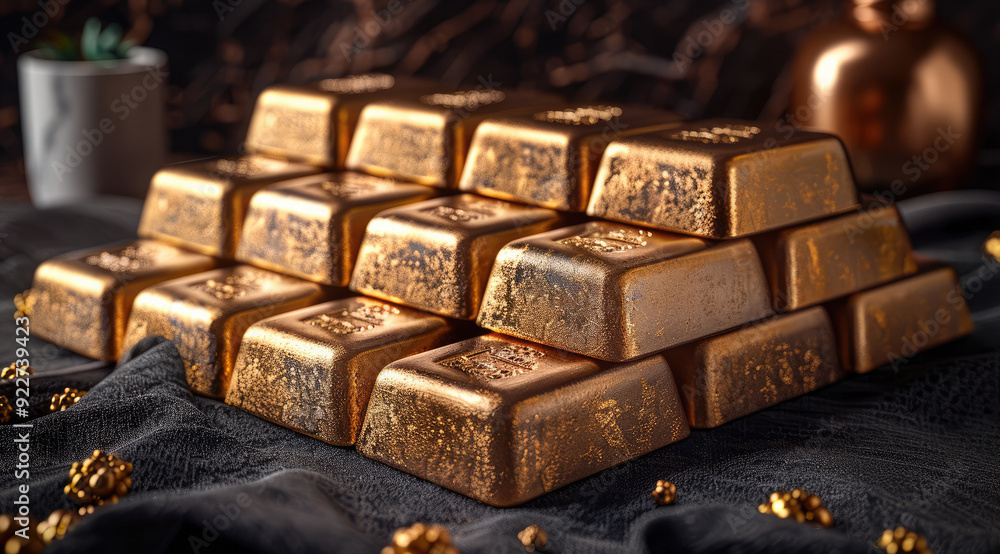 Aufkleber A set of gold bars of varying sizes displayed on a dark velvet background with spotlighting. Generative AI.