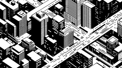 Aerial perspective of a bustling downtown area, featuring numerous buildings and intersecting streets, vector illustration art