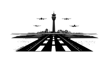 Airport runway with taxiing aircraft, control tower visible in the background, vector illustration art