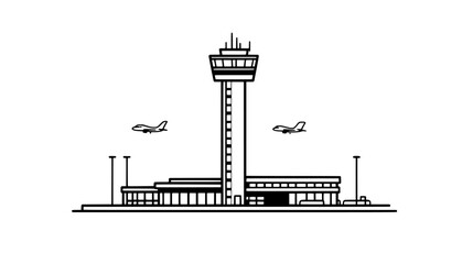 Air traffic control tower standing tall near the terminal building, vector illustration art