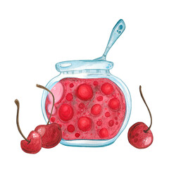 Glass jar with cherry jam with a spoon inside. Watercolor illustration hand drawn in a children's style. Drawing for cards, invitations, posters for the kitchen. Kitchen, home, comfort, sweets,