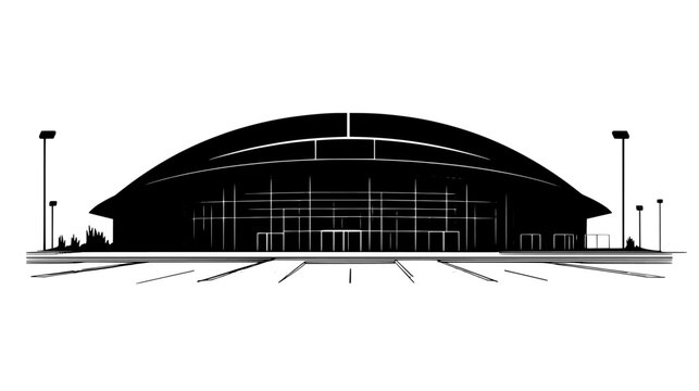 Indoor sports facility with a domed roof beside a parking lot, vector illustration art