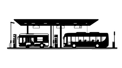 Buses refueling at dedicated stations within the terminal area, vector illustration art