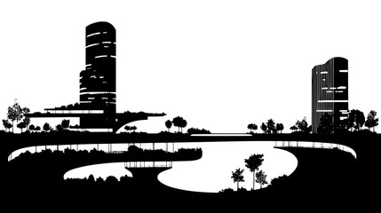 Obraz premium Curved, soaring structures forming a dynamic skyline with walkways, greenery, and water features, vector illustration art