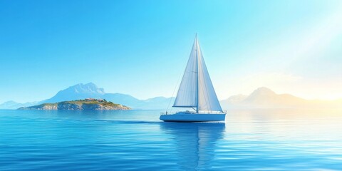 Fototapeta premium Sailing Serenity: A Majestic Sailing Yacht Glides Through the Azure Waters with an Island and Clear Blue Sky in the Background.