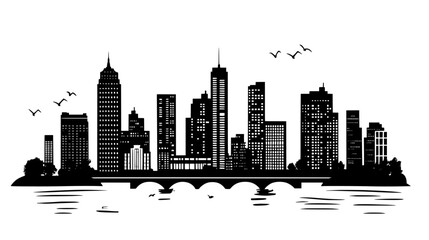 Fototapeta premium Distinctive tower with surrounding buildings and bridge over river, vector illustration art