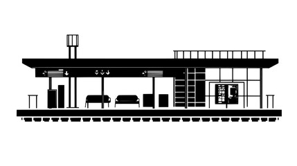 Elevated monorail station featuring tracks, platform, waiting area, and signage indicating directions and routes, vector illustration art