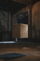A cardboard box suspended in mid-air inside a warehouse, useful for scenes requiring unusual props or creative solutions
