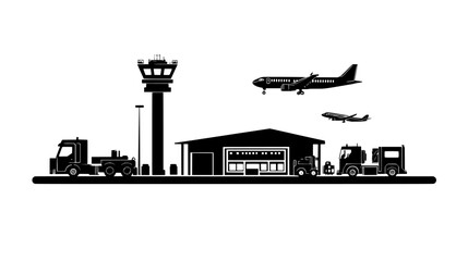Obraz premium Ground crew vehicles and equipment parked near the airport service area, vector illustration art