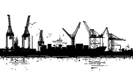 Harbored freighters at the pier, with cranes and loading equipment spread throughout the port area, vector illustration art