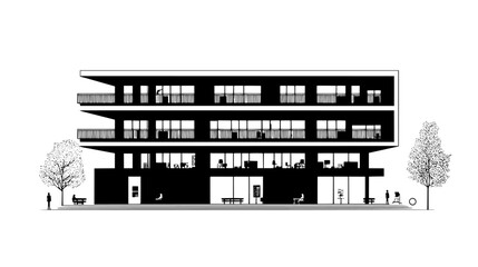 Library building with multiple floors, benches, and outdoor study areas, vector illustration art