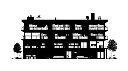 Naklejka premium Library building with multiple floors, benches, and outdoor study areas, vector illustration art