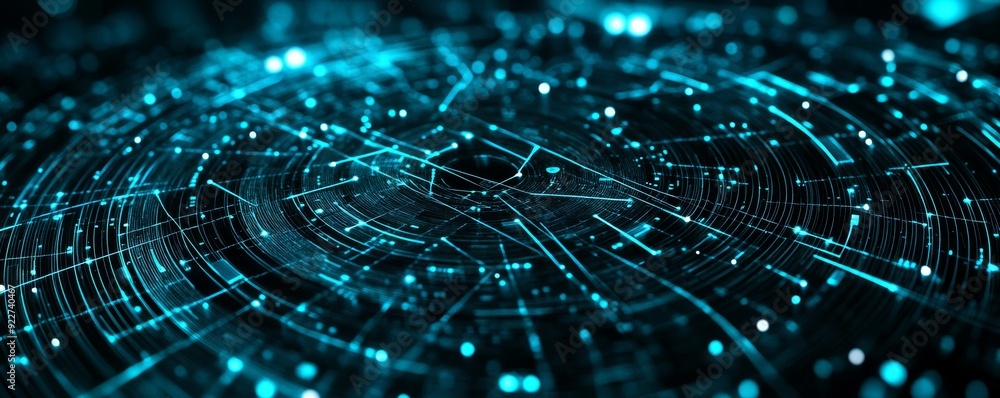 Poster abstract digital background with futuristic blue circuit lines and glowing particles