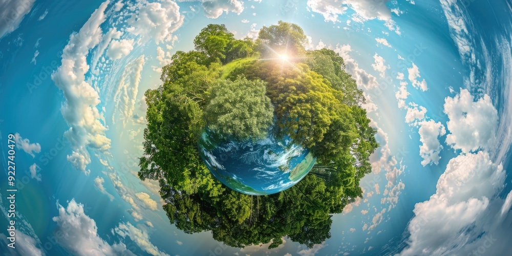 Poster a small planet with tree-covered surface, perfect for sci-fi or futuristic concept art