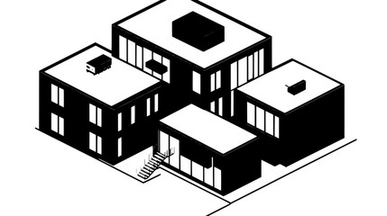 Multiple modular units combined to form a cohesive, interconnected building with open interior spaces, vector illustration art