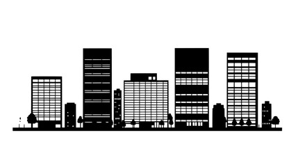 Office buildings with large glass facades and multiple floors, located in a bustling business district, vector illustration art