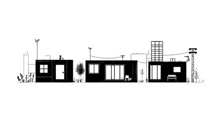 Prefabricated units with foldable panels in an organized urban layout, vector illustration art
