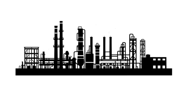 Oil refinery with a series of tanks, pipelines, and distillation columns in a vast compound, vector illustration art