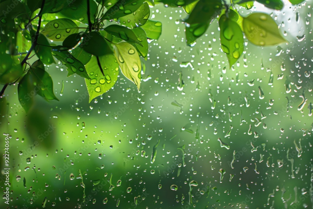 Poster a rainy day with raindrops on the window pane