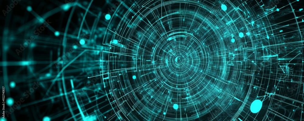 Poster futuristic digital background with a glowing blue abstract circular grid design