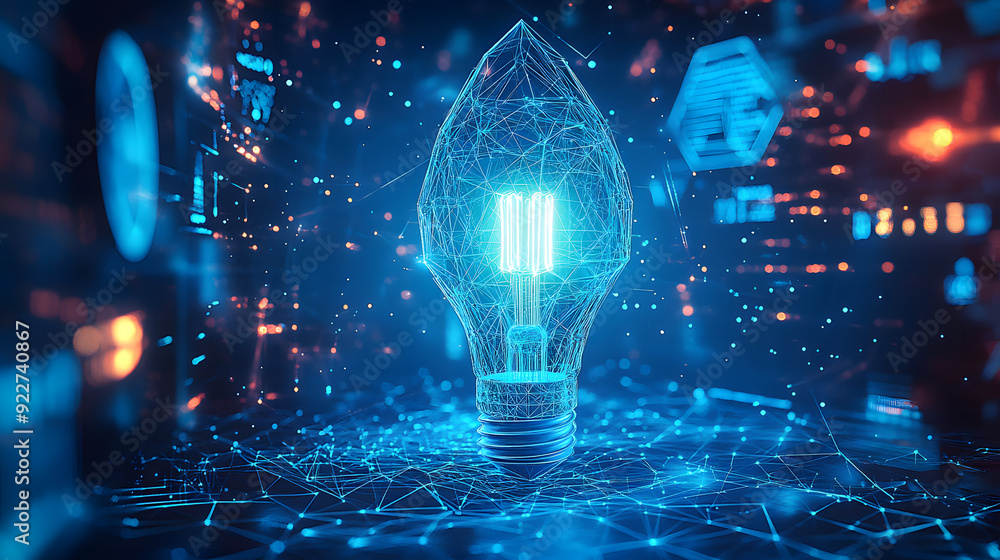Poster a blue glowing light bulb rocket launch on a wireframe light connection structure. abstract geometri