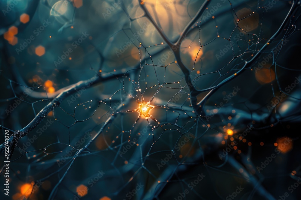 Poster Close-up of a spider web on a tree branch, with intricate details and natural textures