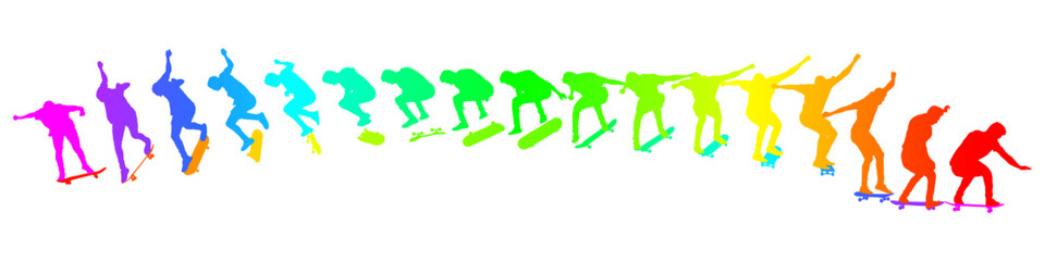 Dynamic silhouette sequence of skateboarder performing mid-air trick. Frame-by-frame image of skate trick. Multicolored vector illustration of silhouette. Fluid motion and athletic skateboarding skill © Mykhailo Shvets